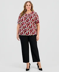 Kasper Plus Size Pleated-Neck Elbow-Sleeve Knit Top