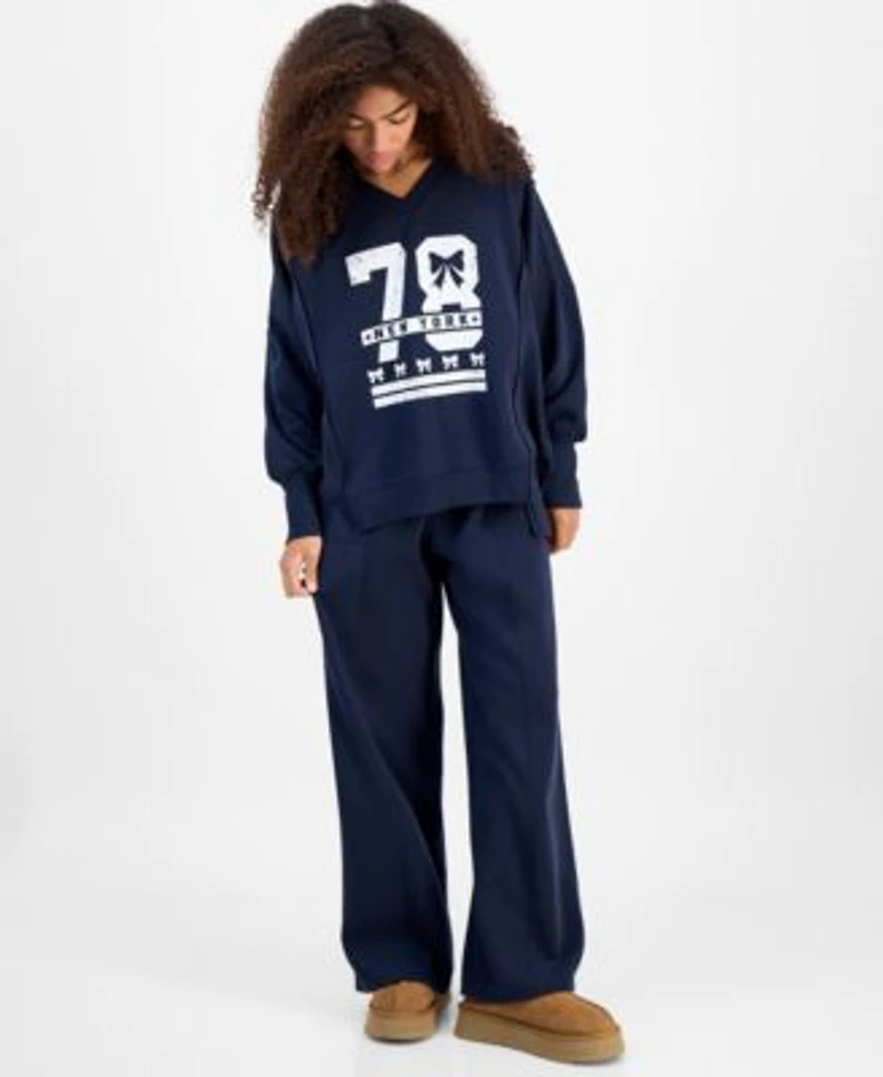 Planet Heart Juniors Oversized Graphic Print Sweatshirt High Rise Fleece Pants