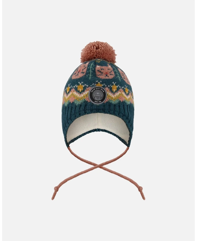 Deux par Baby Girl Lined Peruvian Knit Pompom Hat Green and Pink