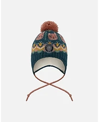Deux par Baby Girl Lined Peruvian Knit Pompom Hat Green and Pink 