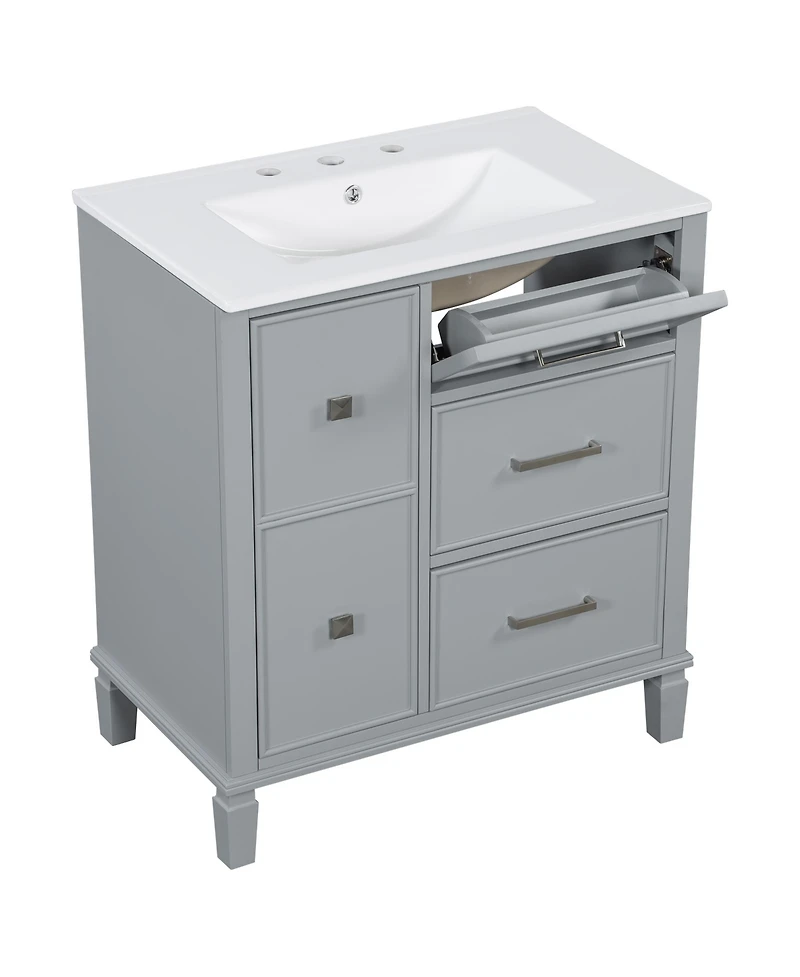 Casainc 30" Bathroom Vanity with Ceramic Sink, Flip-Out Drawer for Plumbing, Soft Close Drawers