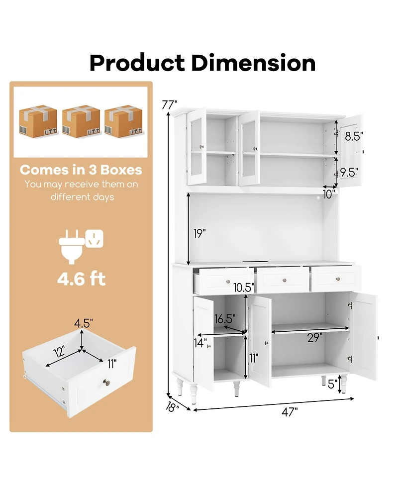 Gymax 77'' Tall Kitchen Pantry Storage Cabinet with Led Lights and Power Outlets