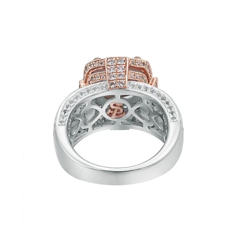 Suzy Levian Two-Tone Sterling Silver Cushion Cut Center Topaz Cocktail Milano Ring
