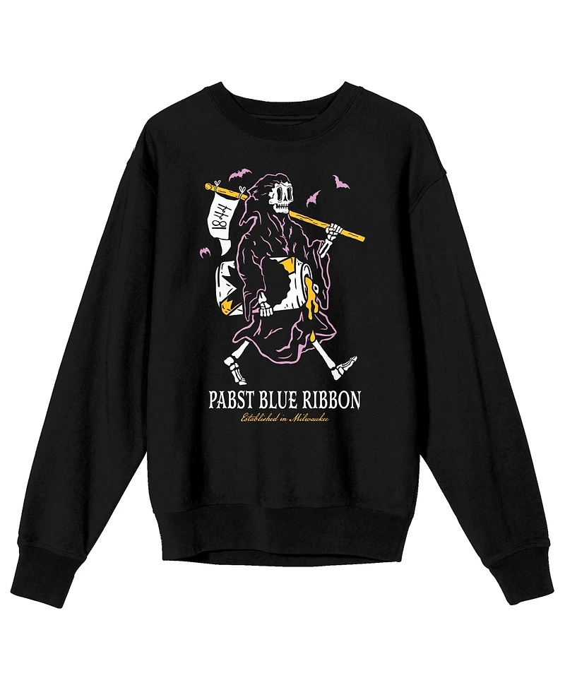Pabst Blue Ribbon Men's Grim Reaper Enjoying a Beer Adult Black Crew Neck Sweatshirt-3XL