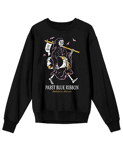 Pabst Blue Ribbon Men's Grim Reaper Enjoying a Beer Adult Black Crew Neck Sweatshirt-3XL