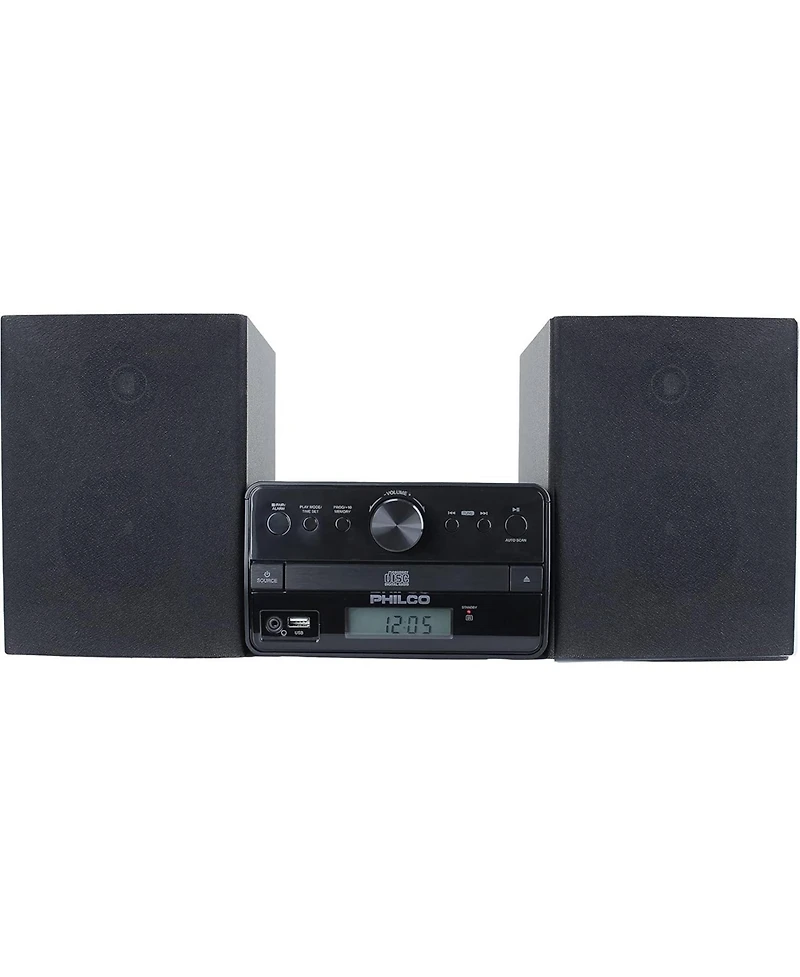 Philco Stereo Shelf Systems Tray Loading Cd Player with Digital Fm Radio, Bluetooth Streaming, Remote Control in Black | Lcd Display | 3.5mm Headphone