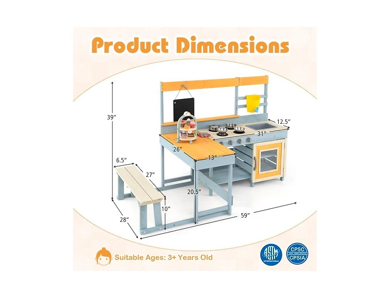 Fir Wood Play Kitchen with Kids Picnic Table and Built-in Bench