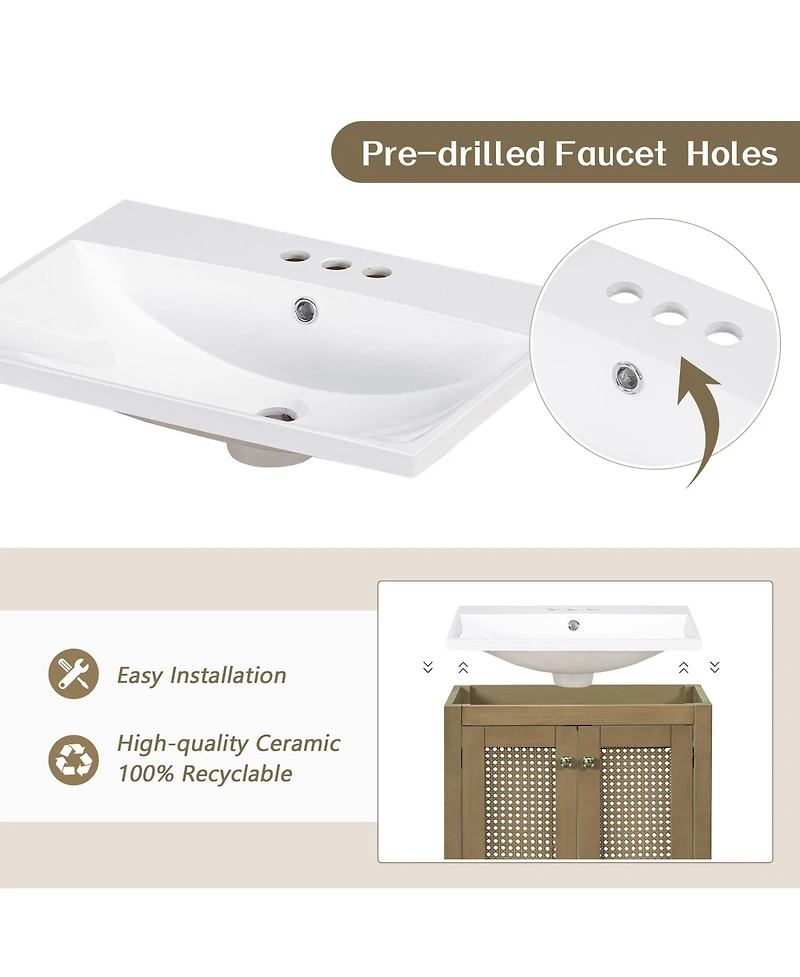 Casainc 24" Bathroom Vanity with Ceramic Basin, Rattan Storage Cabinet with Two Doors and Drawer