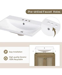 Casainc 24" Bathroom Vanity with Ceramic Basin, Rattan Storage Cabinet with Two Doors and Drawer