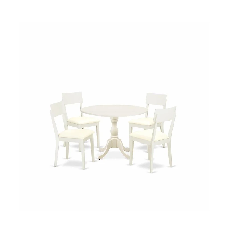 East West Furniture 5 Piece Dining Room Set Consists of 1 Drop Leaves Dining Table and 4 Linen White Faux Leather Dining Chair with Ladder Back