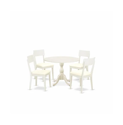 East West Furniture 5 Piece Dining Room Set Consists of 1 Drop Leaves Dining Table and 4 Linen White Faux Leather Dining Chair with Ladder Back