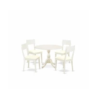 East West Furniture 5 Piece Dining Room Set Consists of 1 Drop Leaves Dining Table and 4 Linen White Faux Leather Dining Chair with Ladder Back