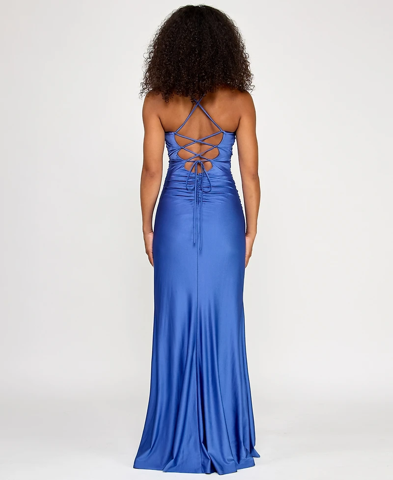City Studios Juniors' Shirred Split Neck Ruched Bodice Slit Gown
