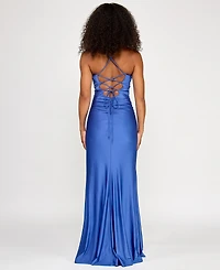 City Studios Juniors' Shirred Split Neck Ruched Bodice Slit Gown