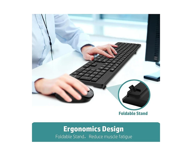 Risokeys Wireless Keyboard and Mouse Combo, Full-Sized Ergonomic Computer Keyboard, 2.4GHz Cordless Keyboard Silent Mouse Set with 2-in-1 Usb Receiver