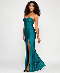 City Studios Juniors' Strapless Sweetheart Neck Pleated Bodice Front Slit Gown