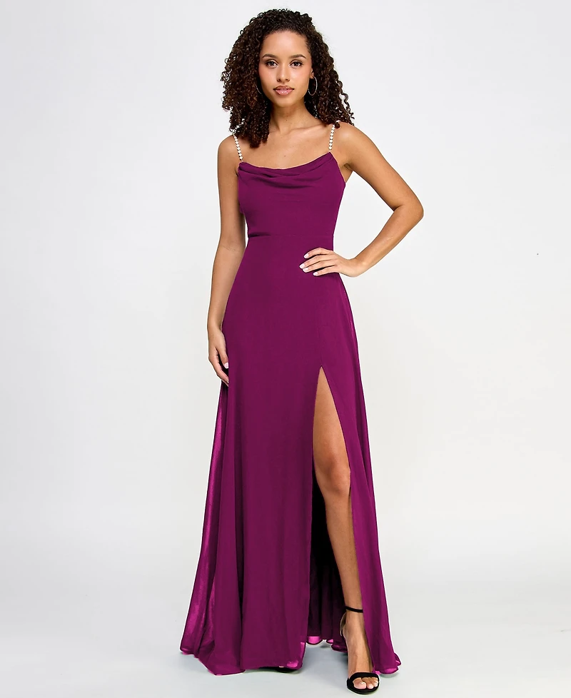City Studios Juniors' Drape-Neck Faux-Peal-Strap Gown