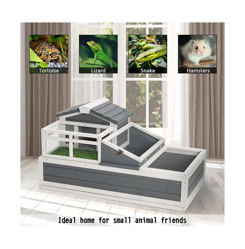 Aostirmotor 44.1 in. Outdoor Tortoise House Habitat with Turf Balcony 2 Stories Ladder Tray Openable Roof in Gray