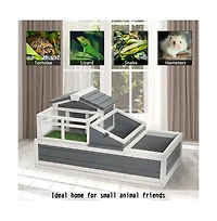 Aostirmotor 44.1 in. Outdoor Tortoise House Habitat with Turf Balcony 2 Stories Ladder Tray Openable Roof in Gray