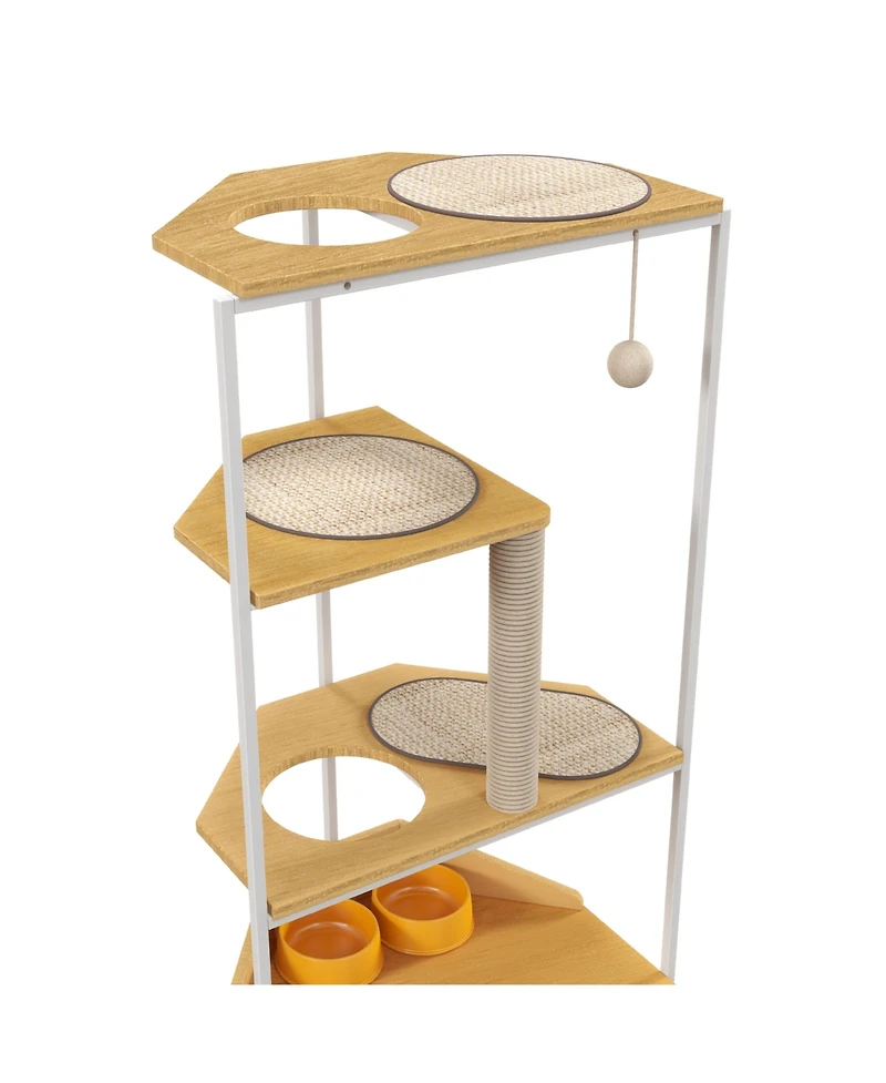 Aostirmotor Corner Cat Tower Cat Tree with Scratching Post Cat House with Feeding Station and Climbing Platforms