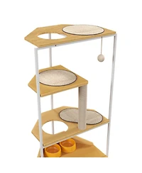 Aostirmotor Corner Cat Tower Cat Tree with Scratching Post Cat House with Feeding Station and Climbing Platforms