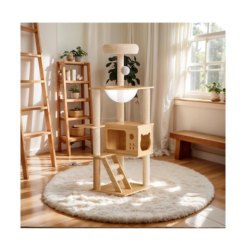 Aostirmotor 49 in. Wood Cat Tower with Acrylic Hammock for Small Large Cats