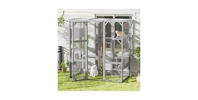 Aostirmotor Outdoor Cat House Double Door Playpen with Condo Light Grey