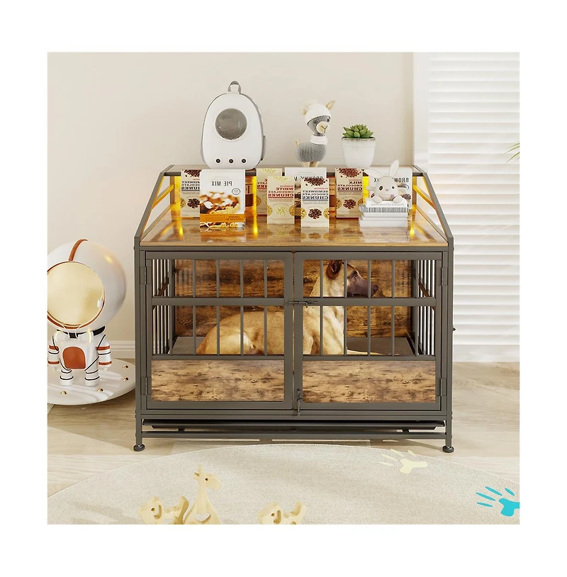 Aostirmotor Brown Multi-function Dog Crates with Storage Large Wooden Dog Kennel with Double Doors for Large Medium Dog
