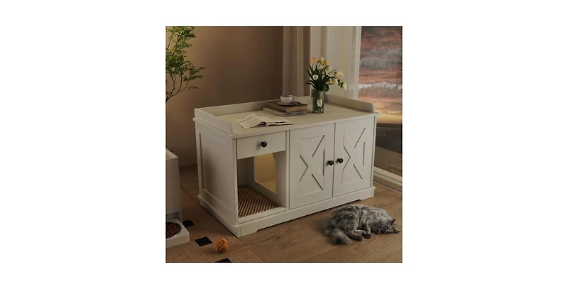 Aostirmotor Cat Litter Box Cabinet with Drawer and Mat White