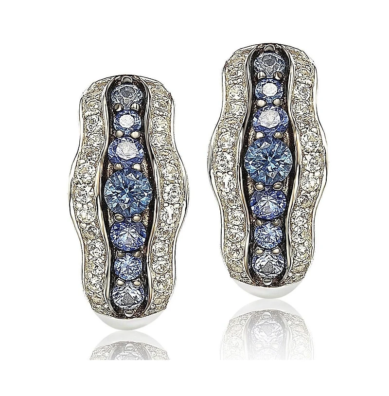 Suzy Levian New York Sterling Silver Sapphire and Created White Curvy Frame Huggie Hoop Earrings