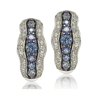 Suzy Levian New York Sterling Silver Sapphire and Created White Curvy Frame Huggie Hoop Earrings