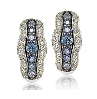 Suzy Levian New York Sterling Silver Sapphire and Created White Curvy Frame Huggie Hoop Earrings