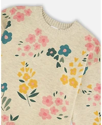 Deux par Big Girls Knitted Sweater Heather Beige Gray with Floral Print