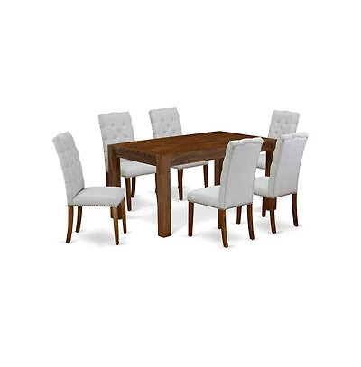 East West Furniture 7-Piece Dining Room Set- 6 Parson Chairs with Linen Fabric Seat and Button Tufted Chair Back