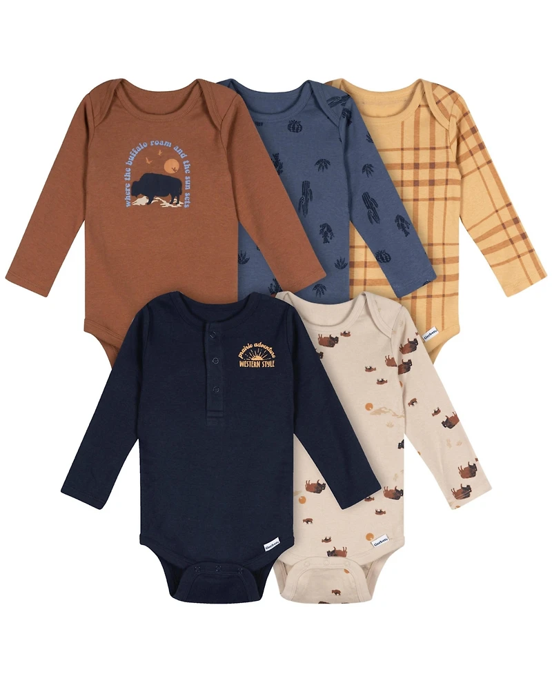Gerber Baby Boys' 5-Pack Long Sleeve Bodysuits, Grey Heather, 12 Months