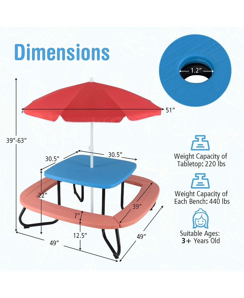 Kids Picnic Table Outdoor Activity with Adjustable & Collapsible Umbrella