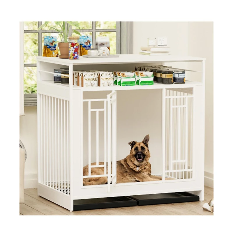 Aostirmotor 43.3 White Dog Crate Furniture Wooden Crate with Divider Double Door Kennel Three Drawers