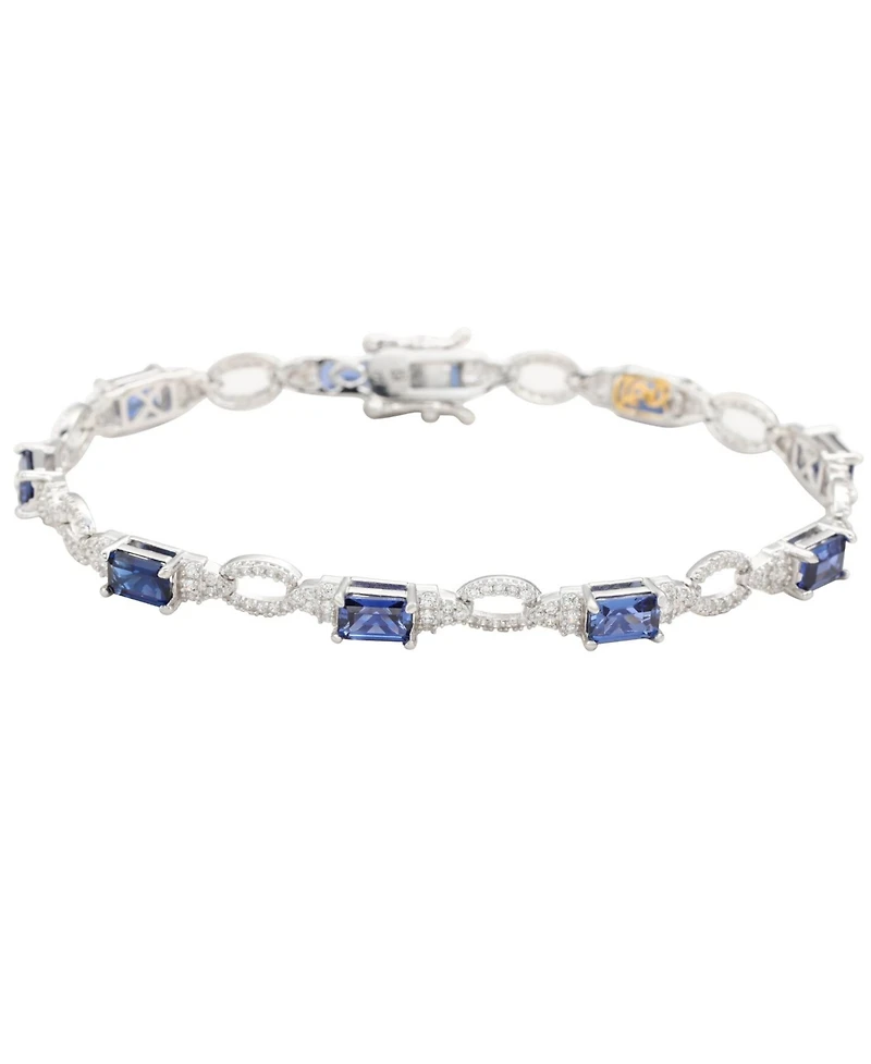 Suzy Levian New York Sterling Silver Emerald-Cut Sapphire & Created White Tennis Bracelet