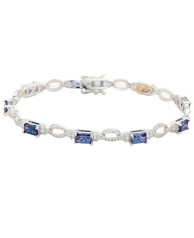 Suzy Levian New York Sterling Silver Emerald-Cut Sapphire & Created White Tennis Bracelet