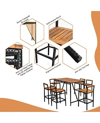 Gymax 7pieces Outdoor Acacia Wood Dining Set Pe Rattan Patio Bar Set with Umbrella Hole