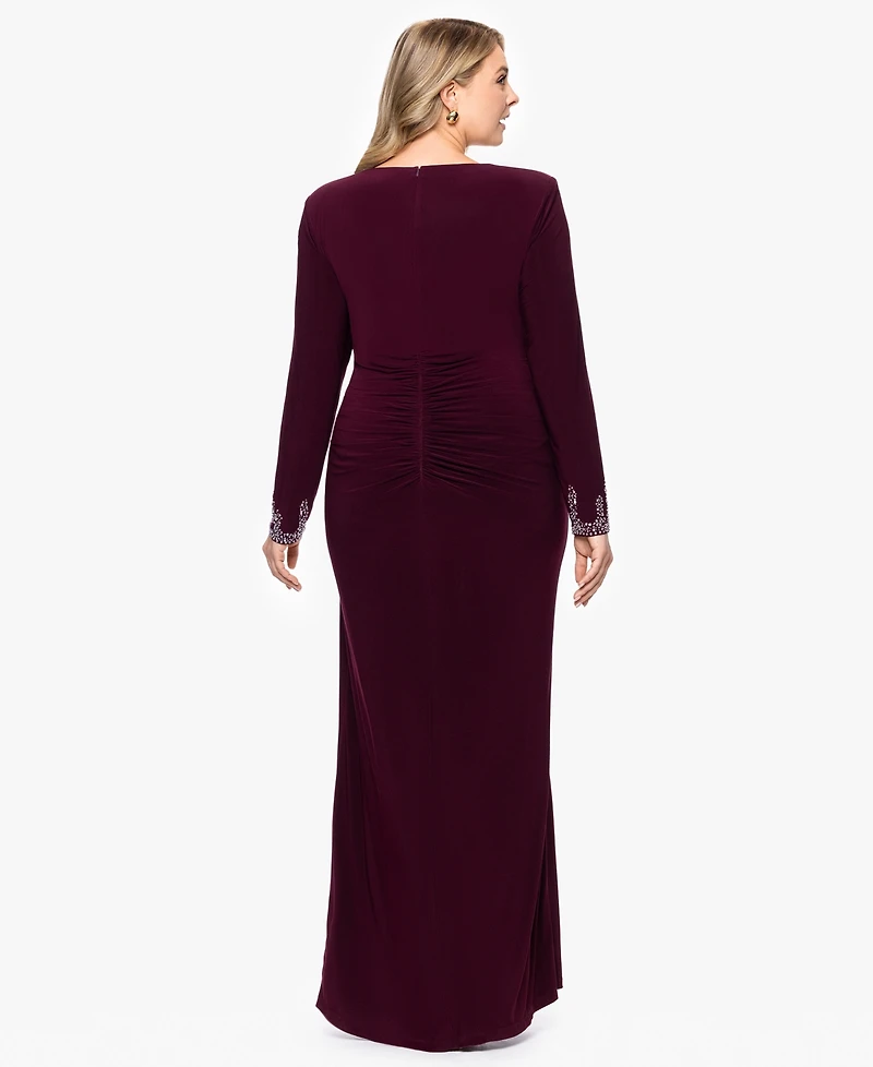 Betsy & Adam Plus Long Sleeve Beaded Dress