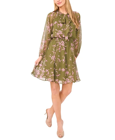 CeCe Women's Long Balloon Sleeve Tie Neck Dress