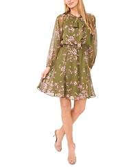 CeCe Women's Long Balloon Sleeve Tie Neck Dress