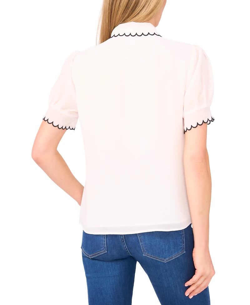 CeCe Women's Scallop Contrast Trim Button Up Top