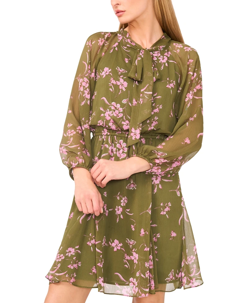 CeCe Women's Long Balloon Sleeve Tie Neck Dress