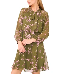 CeCe Women's Long Balloon Sleeve Tie Neck Dress