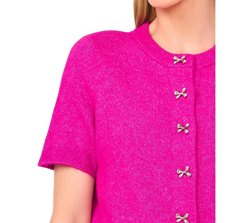 CeCe Women's Short Sleeve Bow Button Cardigan Sweater