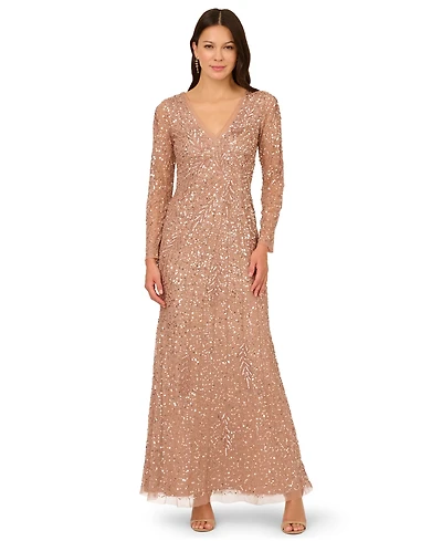 Adrianna Papell Women's Long-Sleeve Beaded Full-Length Gown