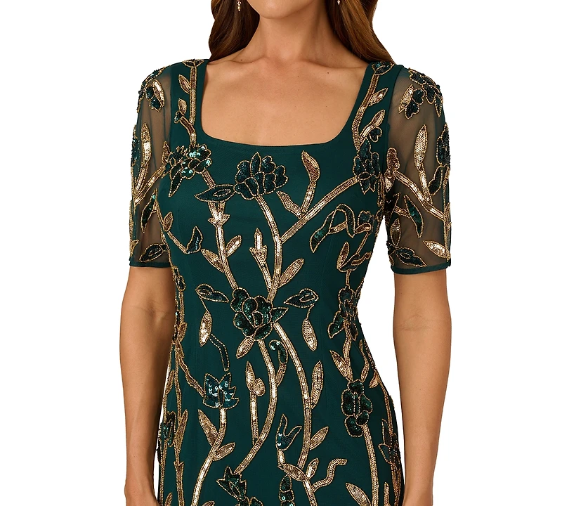 Adrianna Papell Women's Square-Neck Beaded Mesh Gown