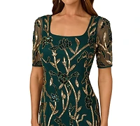 Adrianna Papell Women's Square-Neck Beaded Mesh Gown